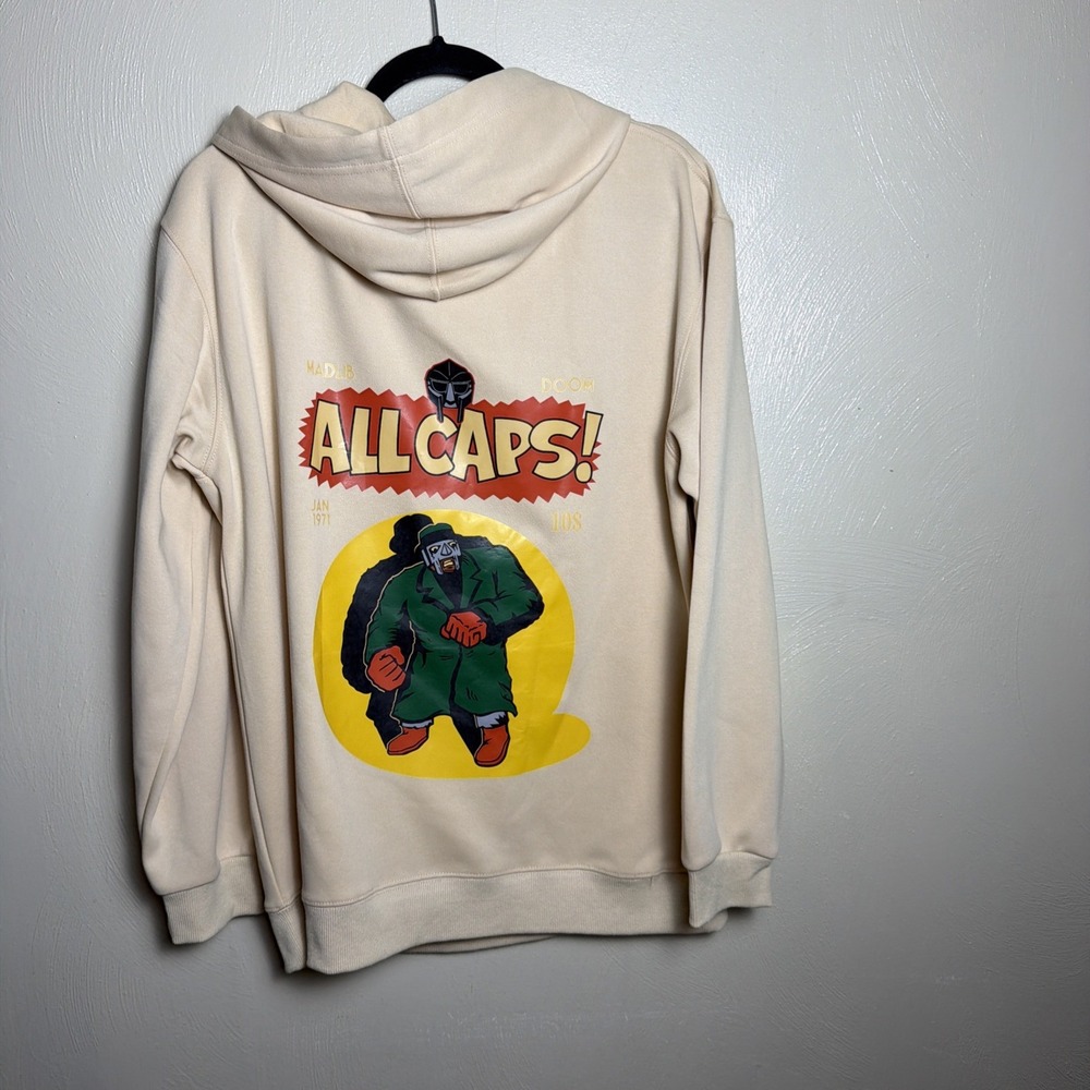 MF Doom Hoodie Mens L MadLib All Caps Graphic Beige Rap Hip Hop Underground